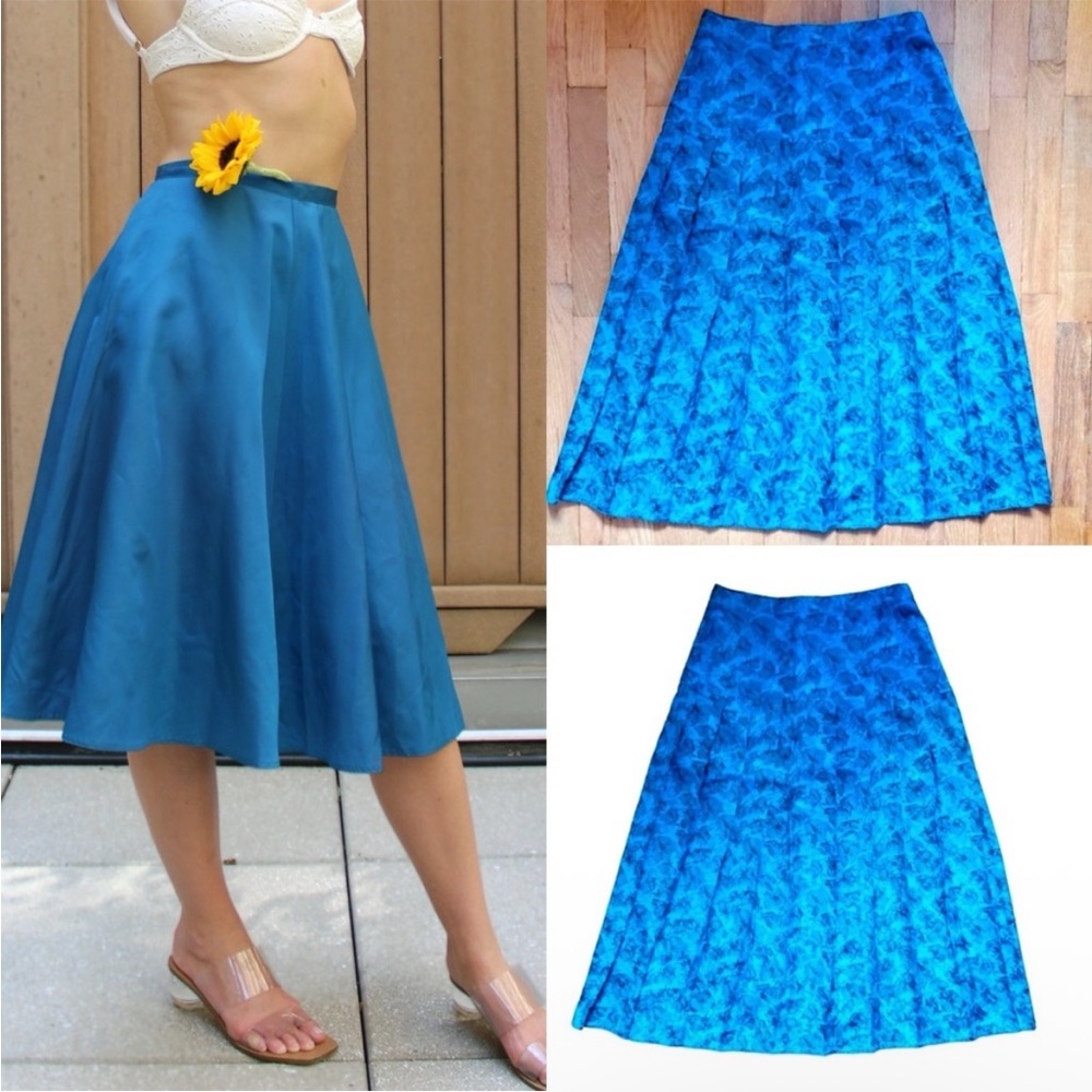 Vintage 70s Teal Blue Black Floral Pleated A Line Midi Skirt Women's